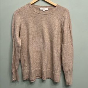 EUC LOFT Crewneck Knit Sweater with Pearl Button Details in Tan - Size Medium